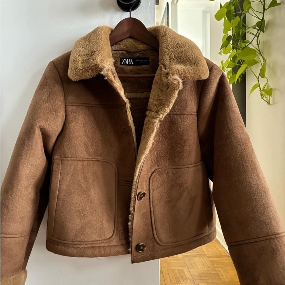 Zara Tan Shearling-Trim Button Jacket - Picture 4 of 9